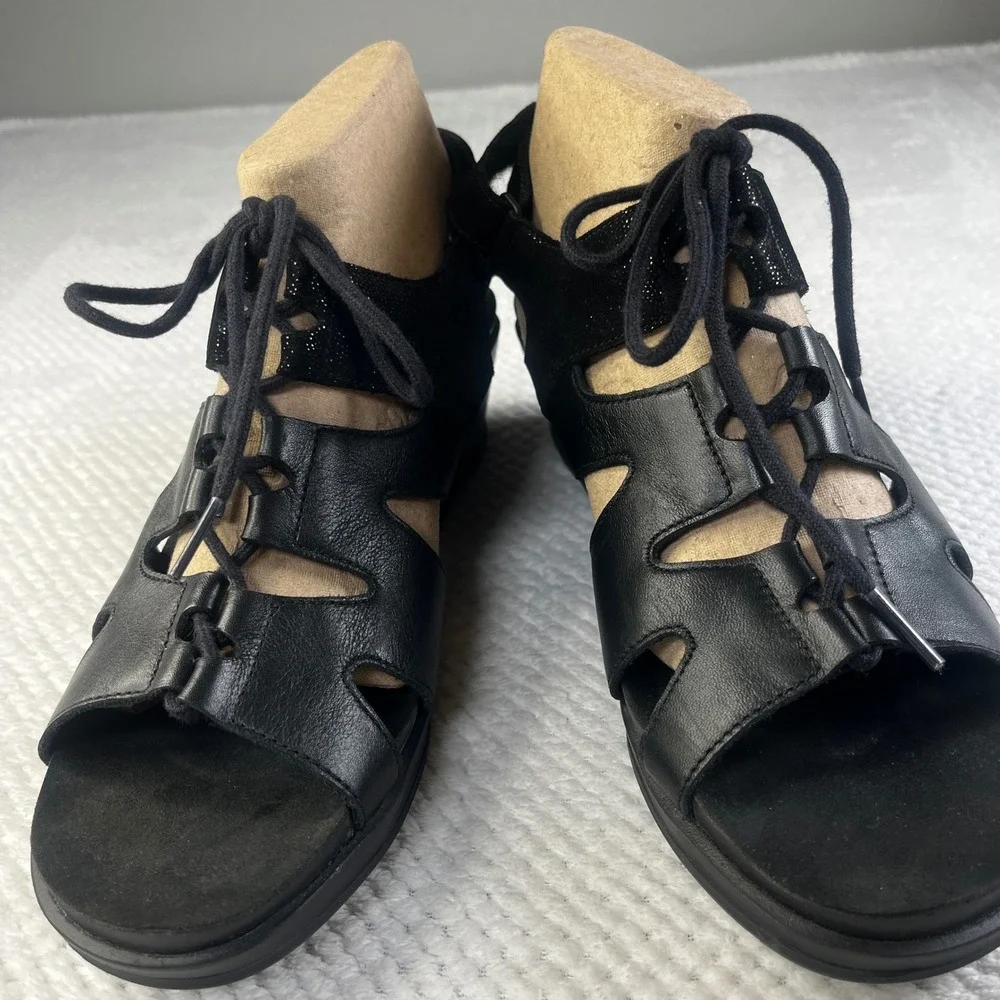 SAS Womens‎ 10 W Black Leather Wedge Lace Up Sandals